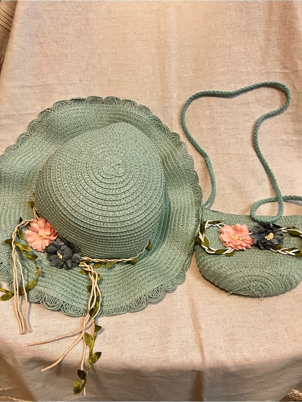 Girls Mint Floral Straw Sun Hat and Matching Crossbody Bag